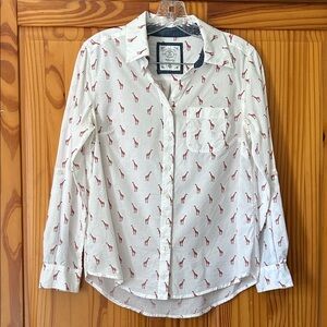 White Button-Up Shirt with Red Giraffe Print